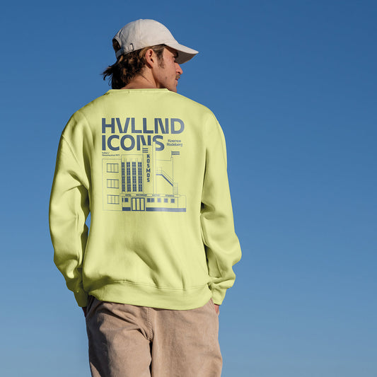 Illustratie geïnspireerd op het kosmos gebouw geprint op een gele sweater